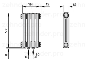 Схема (чертеж) Радиатор Zehnder Charleston 2050/4 №3470 Белый глянцевый RAL 9016